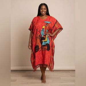 Westside Designs Red African Art Print Plus Size Rayon Kaftan Dress
